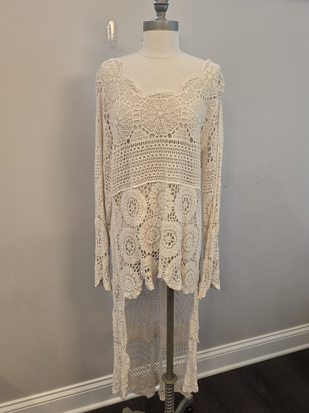 POL Longline Openwork Crochet Tunic in Cream